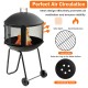 28-inch portable fire pit on wheels with log grate, featuring wire mesh for air circulation and heat resistance.