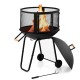 28-inch portable fire pit on wheels with log grate, featuring a black steel frame and mesh for improved airflow.