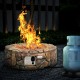 28-inch propane gas fire pit with stone-brown finish, featuring adjustable flame and decorative lava rocks for outdoor.