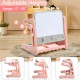 Adjustable kids easel table and chair set in pink, featuring a drawing board and ample storage for art supplies.