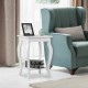 Accent sofa end side table in white with decorative display shelf, showcasing elegant curved legs and footrest for.