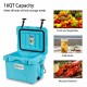 Portable blue 16QT insulated ice cooler with cup holders, ideal for picnics and camping, keeps drinks cold for four.