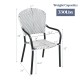 Stackable white rattan dining chair with armrests, weather-resistant, for outdoor use, supports 330 lbs.