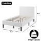 Twin-size platform bed with beige button tufted headboard, sturdy construction, and 7" under-bed storage space.