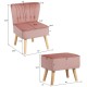 Thick padded tufted pink leisure chair and ottoman set with rubber wood feet, ideal for living room or bedroom.