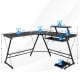 L-shaped black computer desk with removable monitor shelf and pull-out keyboard tray, designed for space-saving in home.
