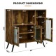 Buffet kitchen storage cupboard in rustic brown with glass doors, adjustable shelves, and industrial style dimensions.