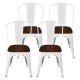 Set of 4 Tolix style metal dining chairs with white frame and elm wood seat, ideal for kitchen or cafe use.