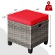 Red cushioned patio rattan ottoman with durable PE rattan and steel frame, ideal for outdoor use in gardens or.