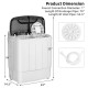 Compact mini twin tub washing machine dimensions with drainage and inlet pipe specifications for home use.