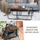 Nesting coffee tables in rustic brown with side pocket, perfect for small spaces in living room or bedroom.