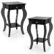 Elegant black 2-tier end table with drawer and shelf, featuring streamlined legs, perfect for living room or bedroom.