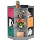 Gray 3-tier kids storage shelf corner cabinet with colorful baskets, perfect for organizing books and decor in any room.
