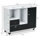 Lateral mobile filing cabinet in black and white with 2 drawers, 2 open shelves, and rolling casters for easy mobility.