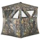 Three-person portable pop-up hunting blind in vivid camouflage with multiple windows for enhanced visibility and.