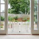 Freestanding 24-inch white wooden pet gate with 360° hinges, ideal for doorways and preventing small dogs from jumping.