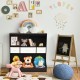 Freestanding brown cubby bin storage organizer with three baskets, ideal for children's toys and accessories.