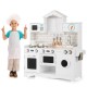 Wooden kids kitchen playset with washing machine, oven, and sink, promoting creativity and imagination for children.