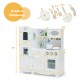 White kitchen pretend play cookware set for kids, featuring a water dispenser and removable sink, promotes interactive.