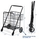 Heavy duty folding utility shopping cart in black with spacious baskets, durable steel frame, and 360° swivel wheels.