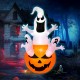 Halloween inflatable decoration featuring a pumpkin with three ghosts, built-in LED light for festive outdoor ambiance.