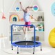 Kids jumping on a 36" blue trampoline with a full covered handrail, promoting fun and safe indoor exercise.