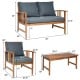 Wooden patio furniture set featuring a loveseat and single chair with soft cushions, ideal for outdoor or indoor use.