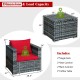 3-piece patio rattan furniture set with red cushioned sofas and glass-top coffee table, perfect for outdoor relaxation.