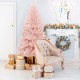 Pink 6ft artificial Christmas tree with hinged construction, surrounded by gifts, perfect for festive home decoration.