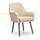 Beige fabric upholstered accent chair with wooden legs, ergonomic armrests, and dimensions for versatile home decor.
