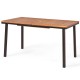 Acacia wood patio dining table with slatted surface and umbrella hole, perfect for outdoor gatherings and stability.
