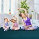 Yoga mat in navy with children and adult practicing stretches, featuring double-sided anti-skid design for safety.