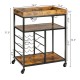 3-tier wood rolling kitchen serving cart in rustic brown with wine rack, glass holders, and metal frame for versatile.