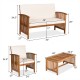 Patio solid wood furniture set featuring a loveseat and single chairs with beige cushions, perfect for outdoor.