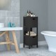 Black wooden floor cabinet with stable legs and hollowed drawer handles, perfect for organized bathroom or living room.