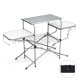 Foldable outdoor BBQ table with aluminum countertop, side shelves, and hooks, ideal for camping and tailgating.