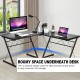 L-shaped corner desk in black with ample legroom, sturdy P2 MDF and iron frame, ideal for home office or study.