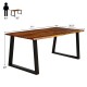 Rectangular acacia wood dining table with a polished surface and metal frame, perfect for outdoor patio gatherings.