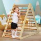 Foldable wooden climbing triangle for toddlers with ladder, made of natural wood, safe for indoor play and development.