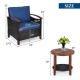 Patio rattan chair with blue cushion and acacia wood frame, featuring dimensions for outdoor relaxation and durability.