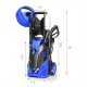 Electric high pressure washer in blue, 3000 PSI, with hose reel and five nozzles for versatile cleaning tasks.