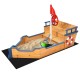 Wooden pirate boat sandbox for kids with a bottomless design, allowing customizable sand depth for creative outdoor.