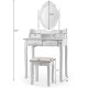 Side view of a white makeup vanity dressing table set with a clear mirror and four spacious storage drawers for.