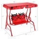 Kids patio swing bench with canopy in beetle pattern, metal construction, UV protection, suitable for ages 3-5.