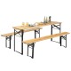 Folding wooden picnic table and bench set with natural wood grain, sturdy steel frame, perfect for indoor and outdoor.
