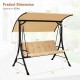 3-seat outdoor porch swing with beige padded cushions and adjustable canopy, perfect for poolside or backyard.