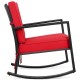 Side view of the red cushioned patio rattan rocking chair with durable metal frame, ideal for cozy outdoor lounging.