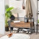 Industrial shoe bench in rustic brown with metal handrail, featuring spacious storage and open shoe rack for entryway.