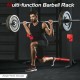 Adjustable squat rack stand with weight plate storage, featuring a sturdy steel frame for versatile home gym workouts.