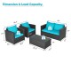 Patio rattan furniture set with turquoise cushions, featuring a coffee table and dimensions for outdoor relaxation.